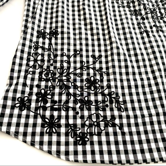 Black White Ginghamcore Prairie Embroidered Cotton Blouse Top Sz 8 Cottagecore - Picture 6 of 11